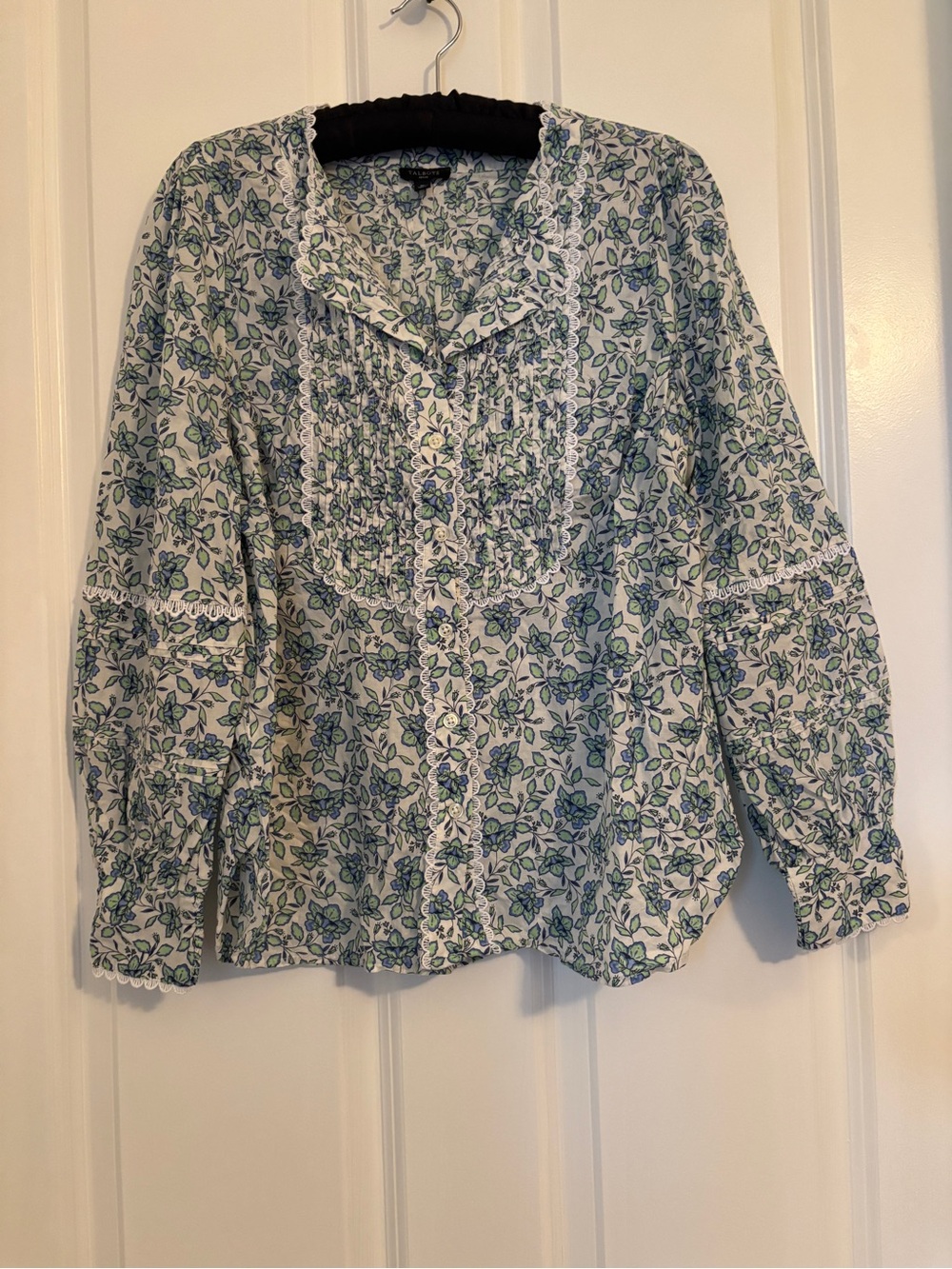 Talbots - Green and Blue Floral Lace-Trim Cotton Blouse. Size Petite M